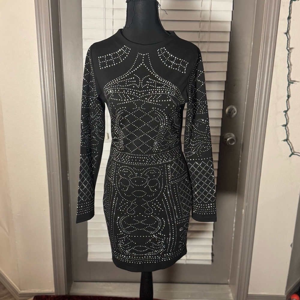 Meaneor Black Bodycon Long Sleeve Sequin Cocktail Dress Dress, Size S